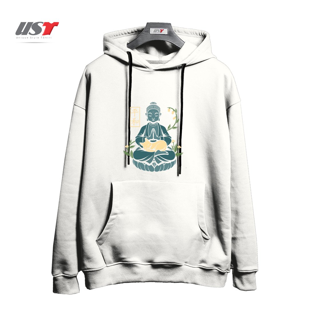 طرح CAT MEDITATION BUDDHISM BUDDHA هودی اورسایزرنگ سفید