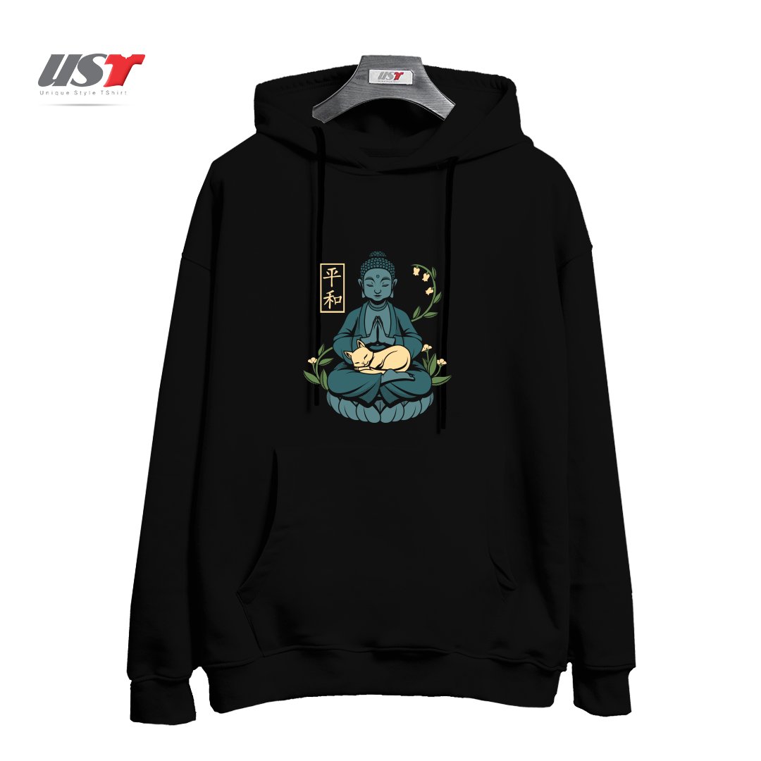 طرح CAT MEDITATION BUDDHISM BUDDHA هودی اورسایزرنگ مشکی