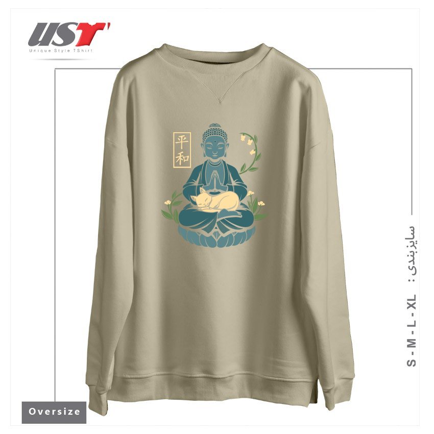 سوییشرت اورسایز طرح CAT MEDITATION BUDDHISM BUDDHA