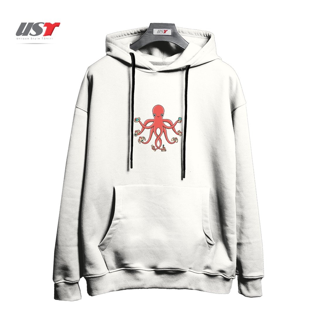 طرح GAMER OCTOPUS هودی اورسایزرنگ سفید