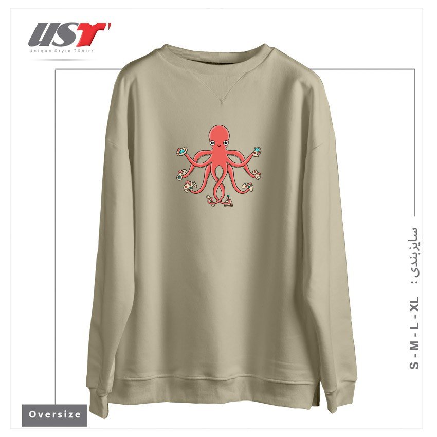 طرح GAMER OCTOPUS سوییشرت اورسایزرنگ نخودی