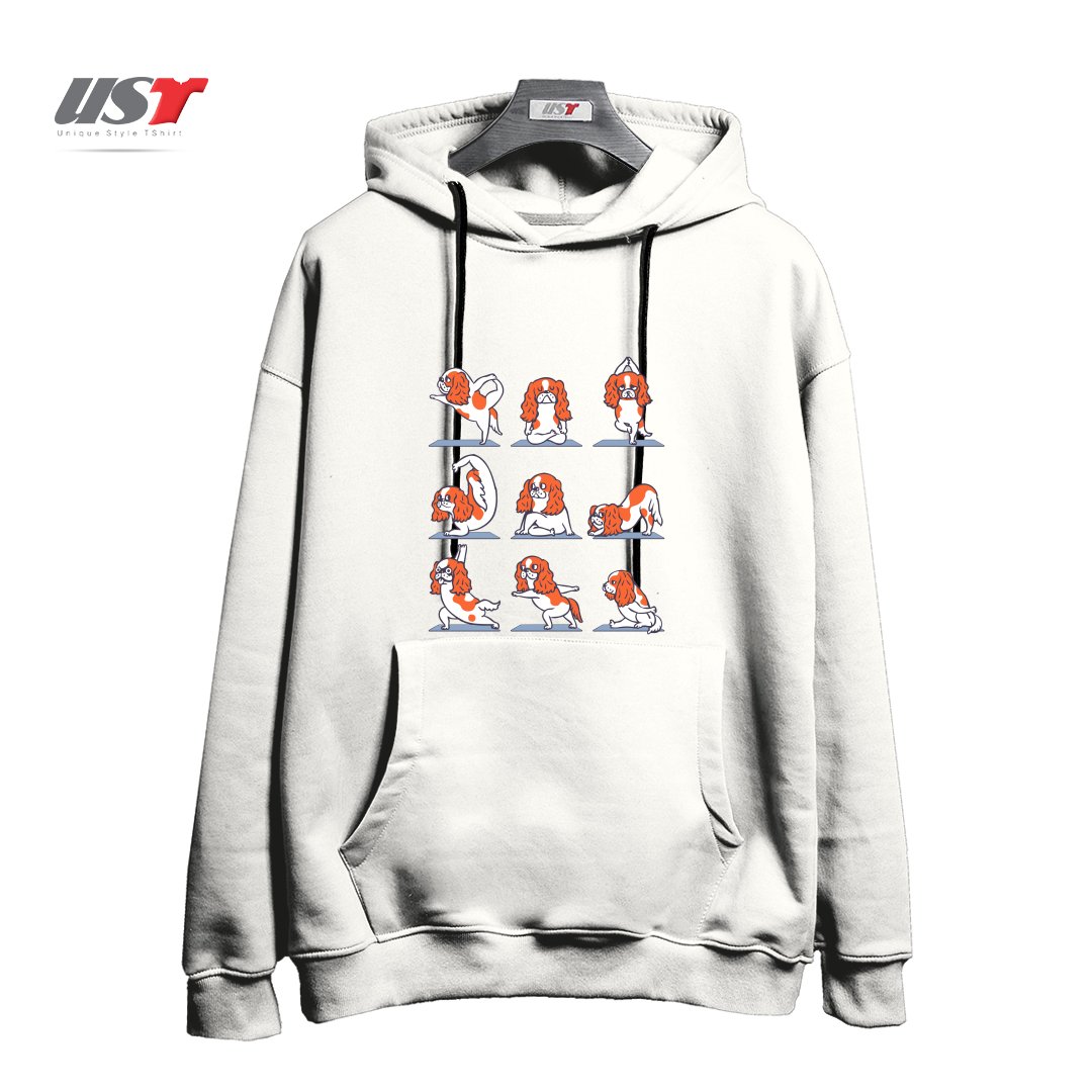 طرح CAVALIER KING CHARLES SPANIEL YOGA هودی اورسایزرنگ سفید