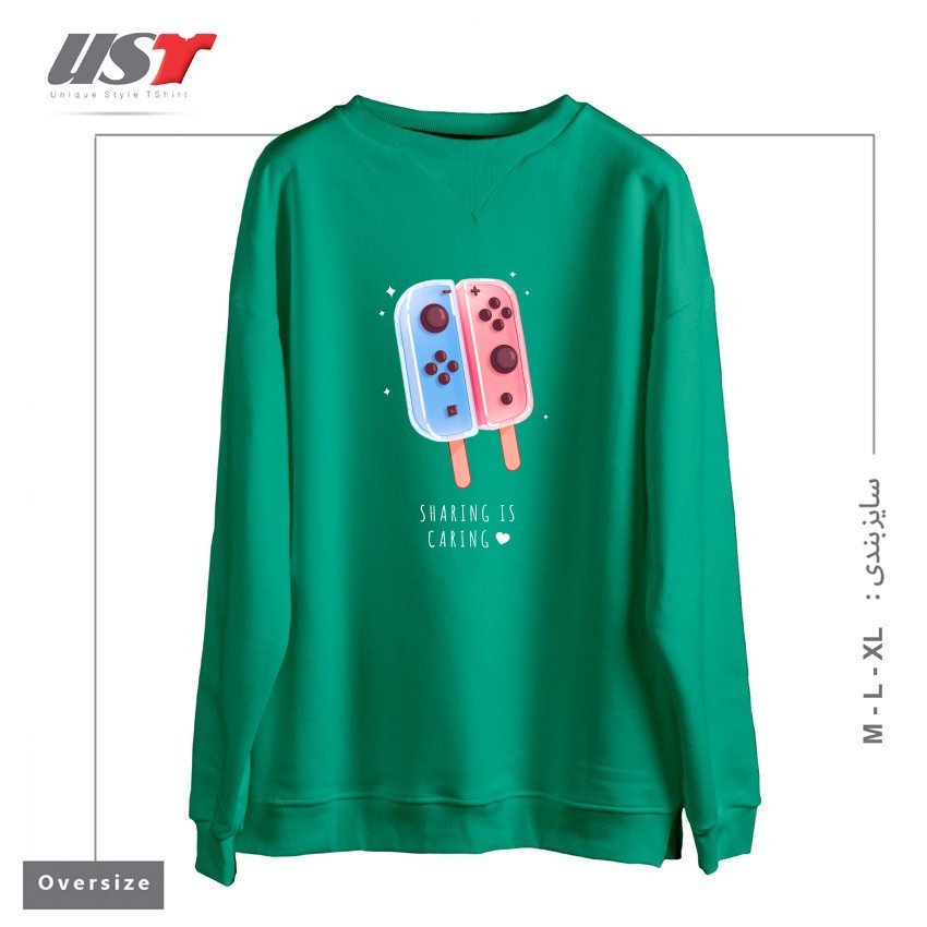 طرح SHARING IS CARING! سوییشرت اورسایزرنگ سبز سدری