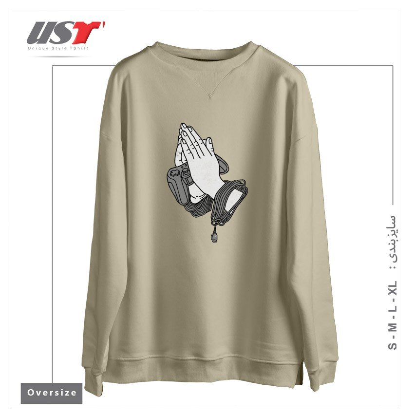 طرح PLAYING HANDS سوییشرت اورسایزرنگ نخودی