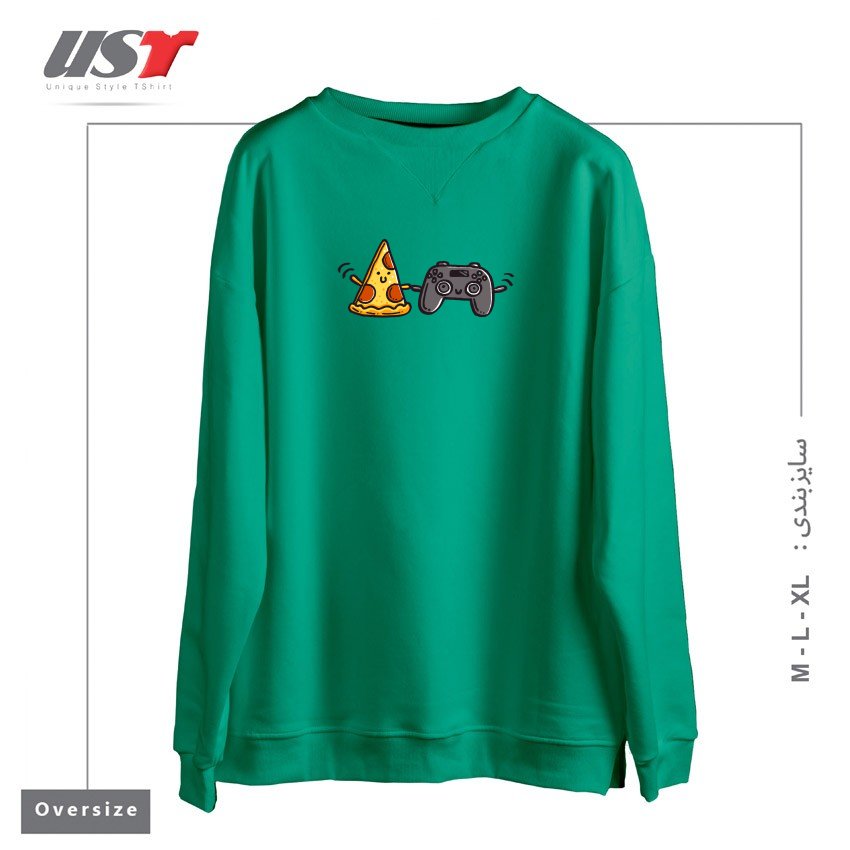 طرح PIZZA AND GAMES سوییشرت اورسایزرنگ سبز سدری