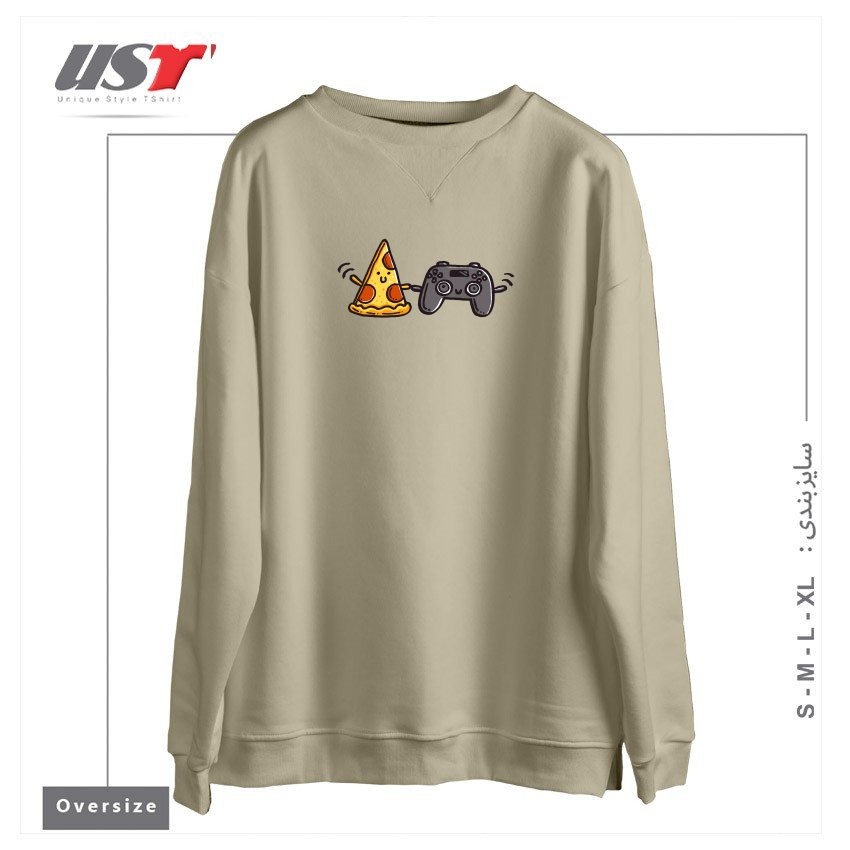 طرح PIZZA AND GAMES سوییشرت اورسایزرنگ نخودی