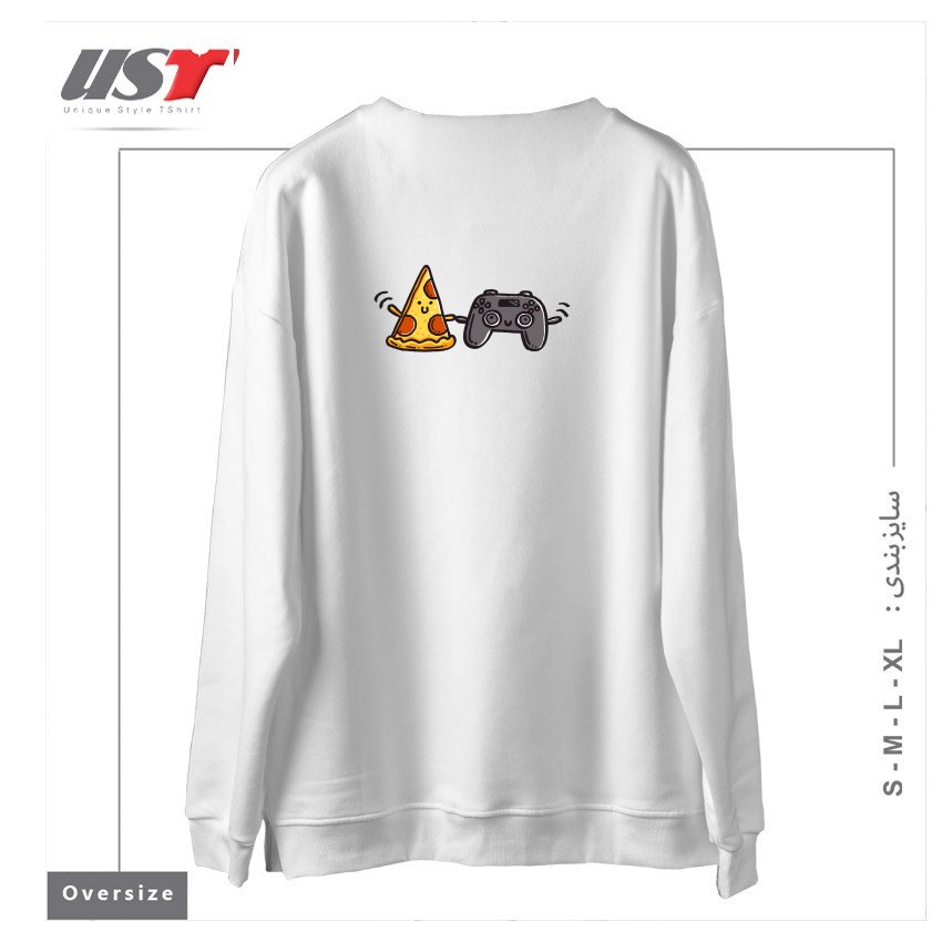 طرح PIZZA AND GAMES سوییشرت اورسایزرنگ سفید