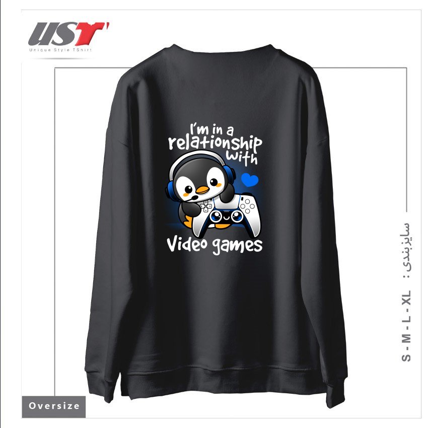 طرح PENGUIN RELATIONSHIP WITH VIDEO GAMES سوییشرت اورسایزرنگ دودی