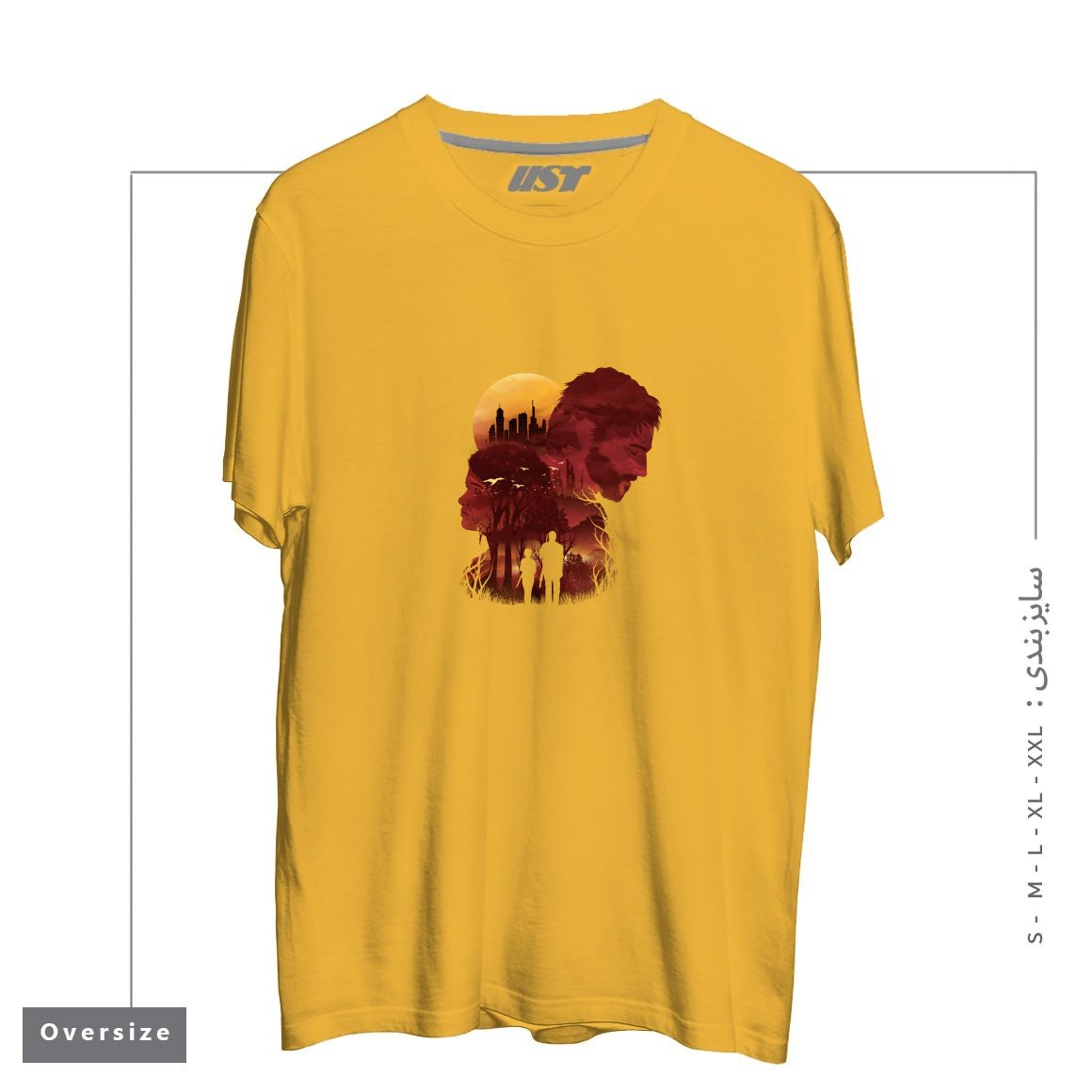 طرح THE LAST SUNSET تیشرت اورسایزرنگ خردلی
