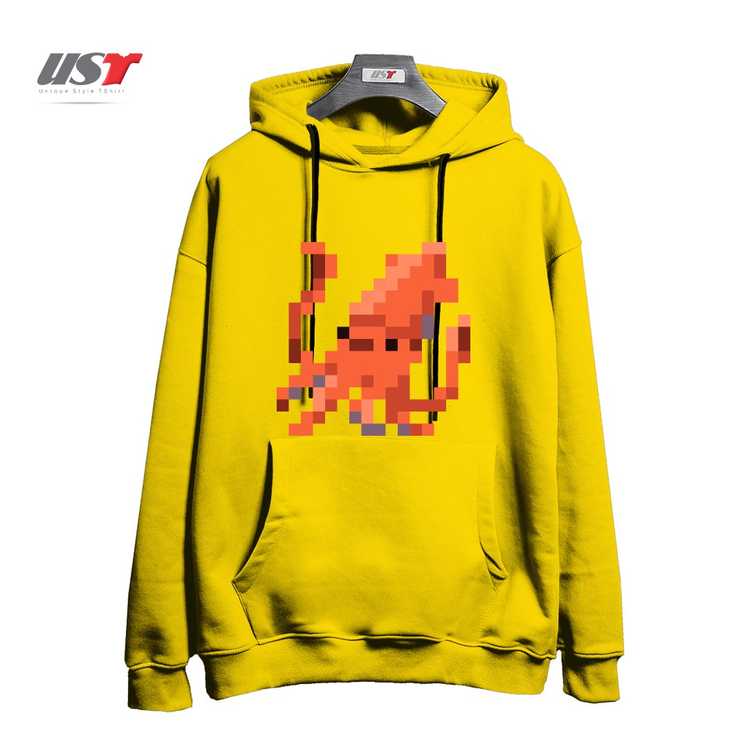 طرح ORANGE PIXEL OCTOPUS EMOJI هودی اورسایزرنگ زرد