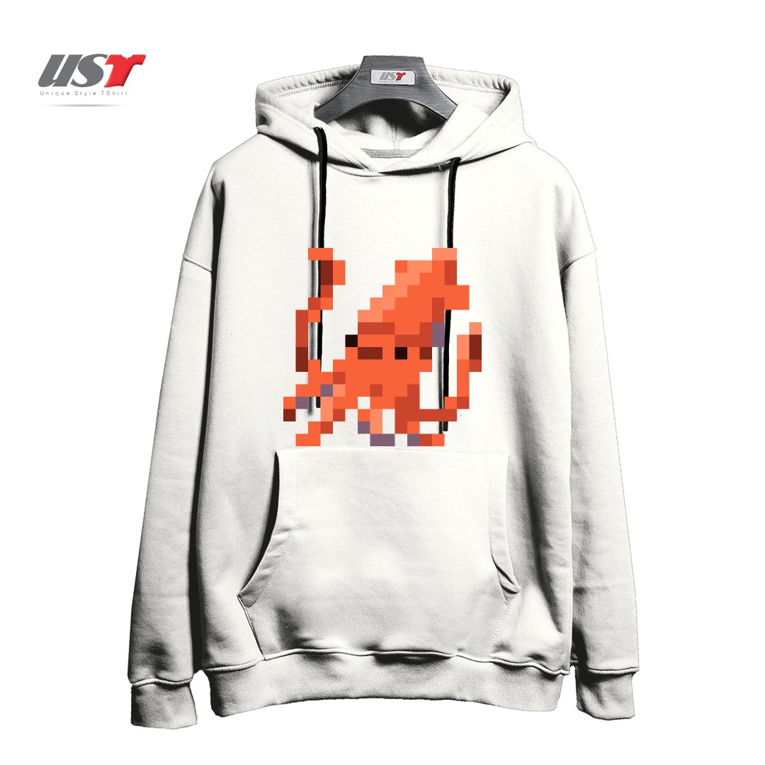 طرح ORANGE PIXEL OCTOPUS EMOJI هودی اورسایزرنگ سفید