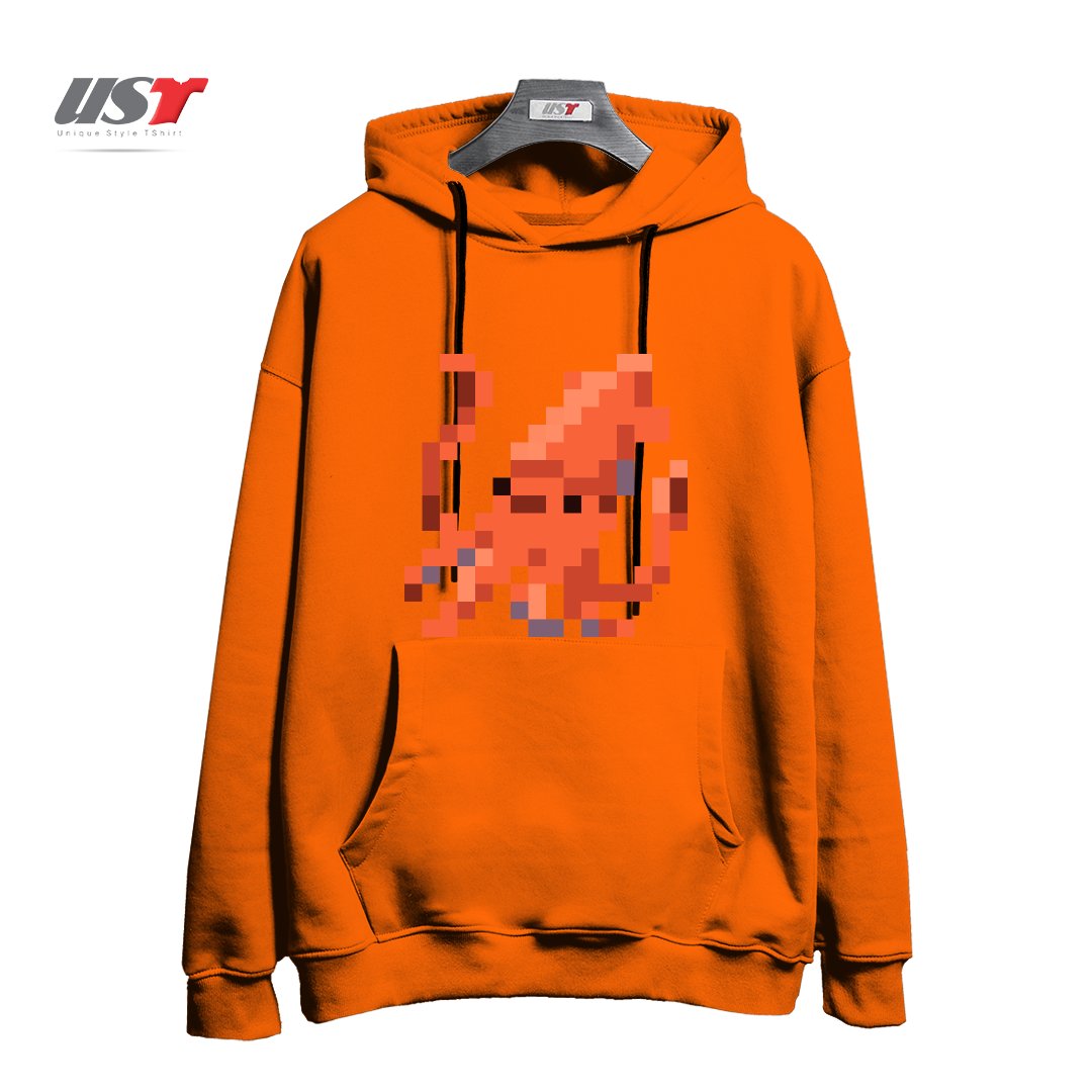 طرح ORANGE PIXEL OCTOPUS EMOJI هودی اورسایزرنگ نارنجی