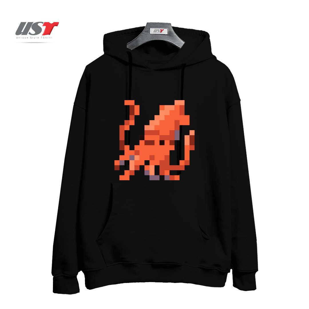 طرح ORANGE PIXEL OCTOPUS EMOJI هودی اورسایزرنگ مشکی