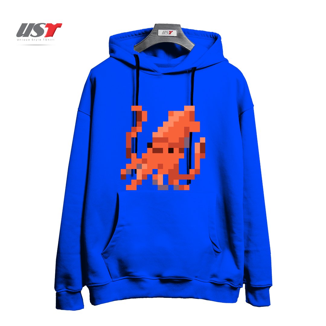 طرح ORANGE PIXEL OCTOPUS EMOJI هودی اورسایزرنگ آبی شالی