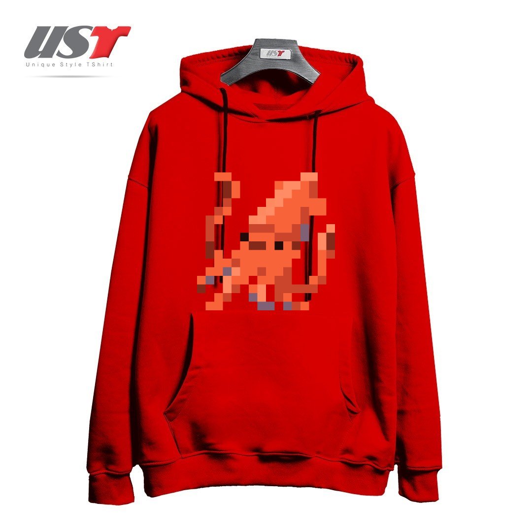 طرح ORANGE PIXEL OCTOPUS EMOJI هودی اورسایزرنگ قرمز