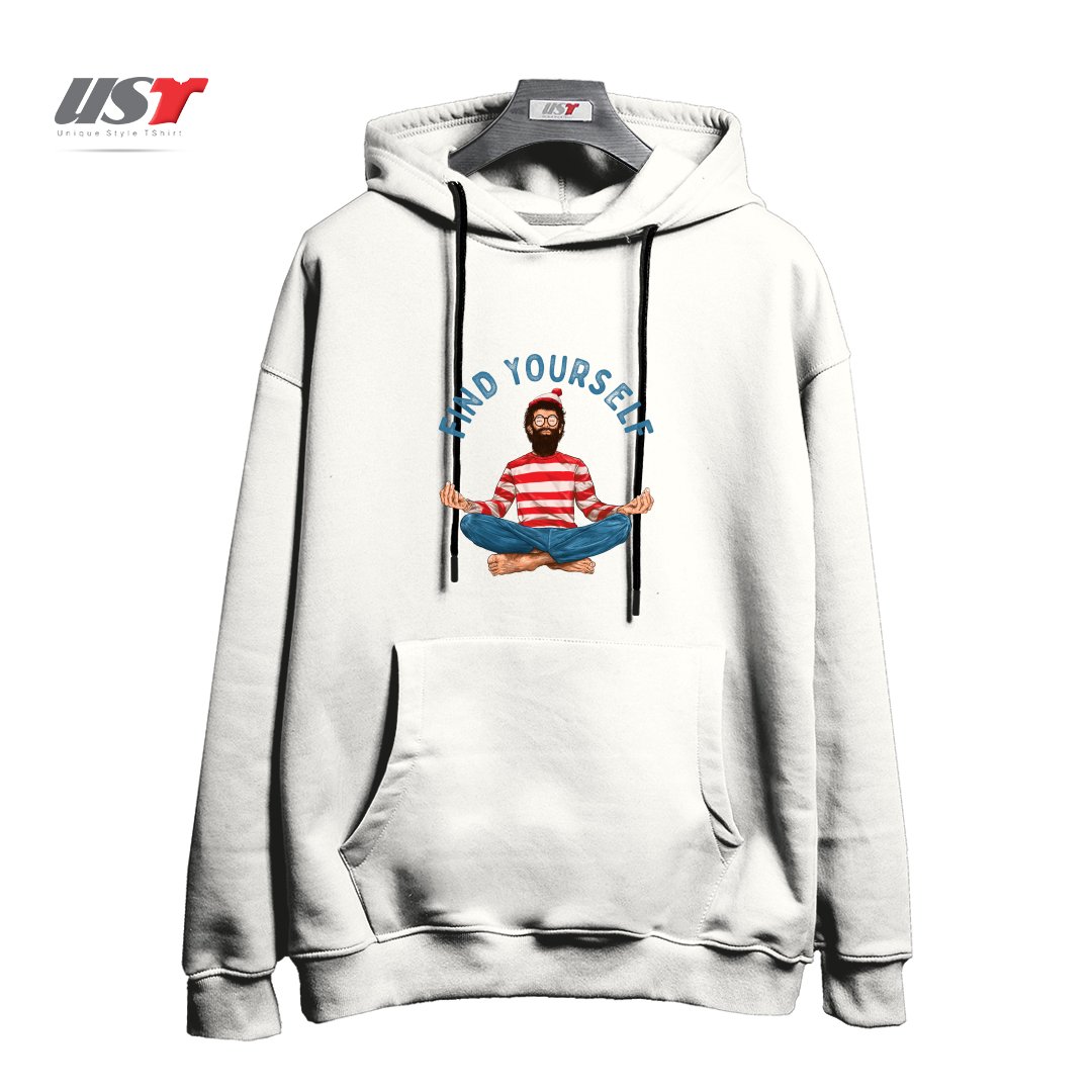 طرح FIND YOURSELF هودی اورسایزرنگ سفید