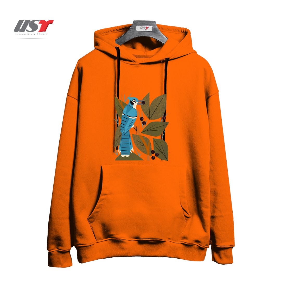 طرح BLUE JAY AND BERRIES هودی اورسایزرنگ نارنجی