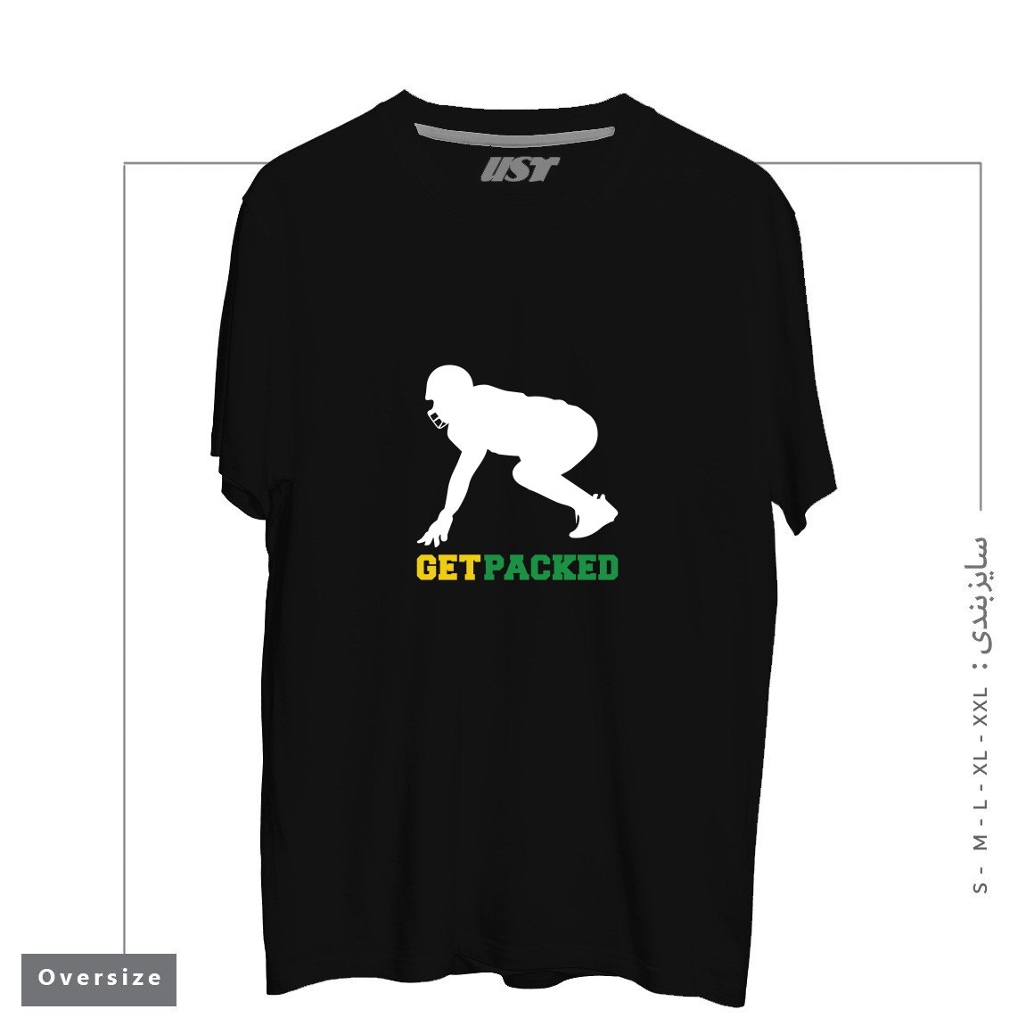 طرح GET PACKED تیشرت اورسایزرنگ مشکی