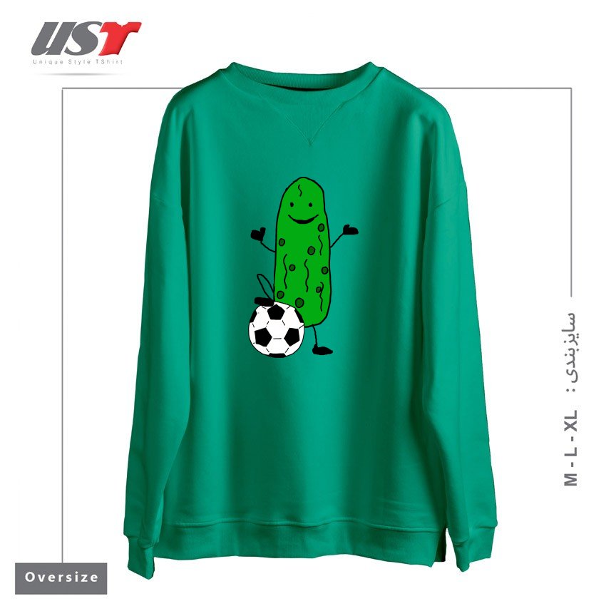 طرح FUNNY DILL PICKLE PLAYING SOCCER SPORTS CARTOON سوییشرت اورسایزرنگ سبز سدری