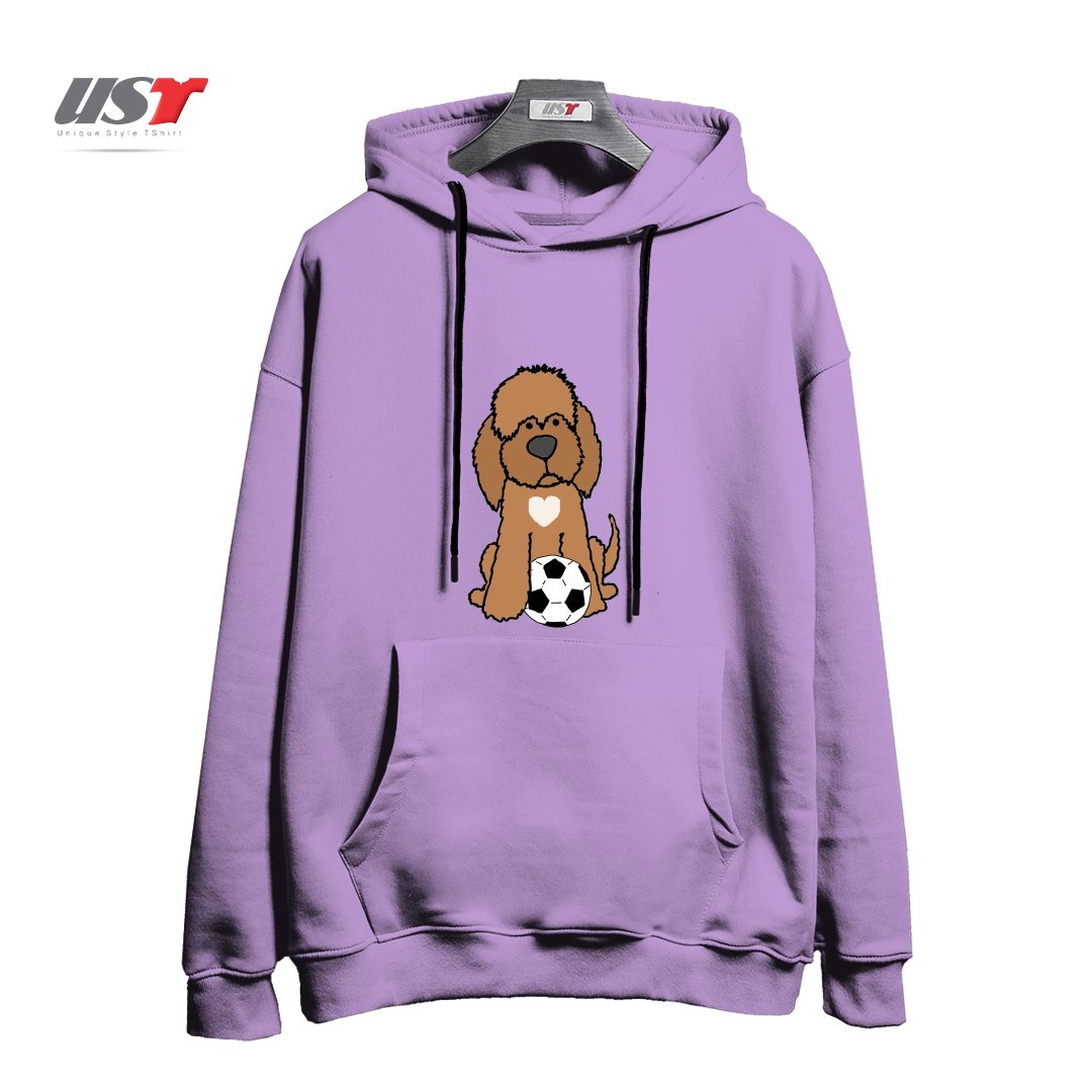 طرح FUNNY CHOCOLATE LABRADOODLE DOG PLAYING SOCCER هودی اورسایزرنگ یاسی