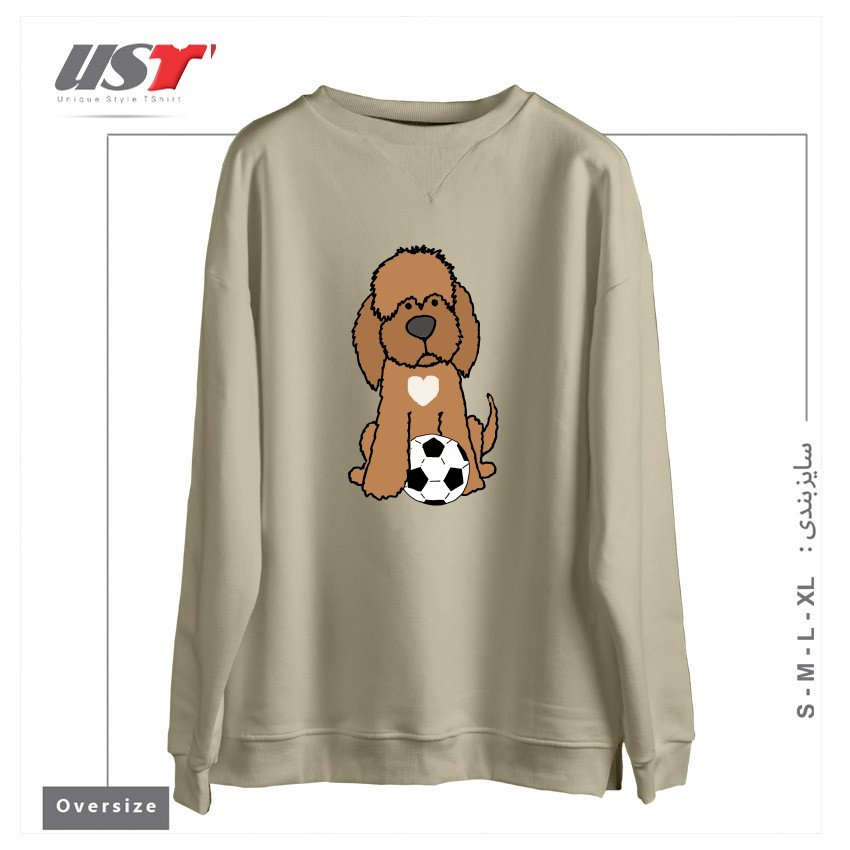 طرح FUNNY CHOCOLATE LABRADOODLE DOG PLAYING SOCCER سوییشرت اورسایزرنگ نخودی