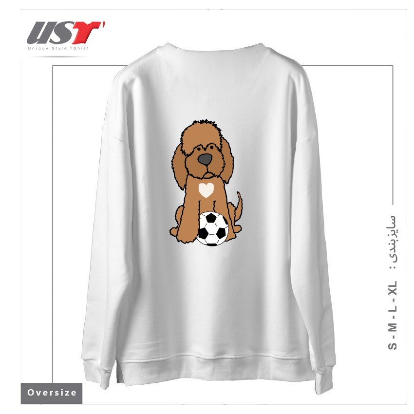 طرح FUNNY CHOCOLATE LABRADOODLE DOG PLAYING SOCCER سوییشرت اورسایزرنگ سفید