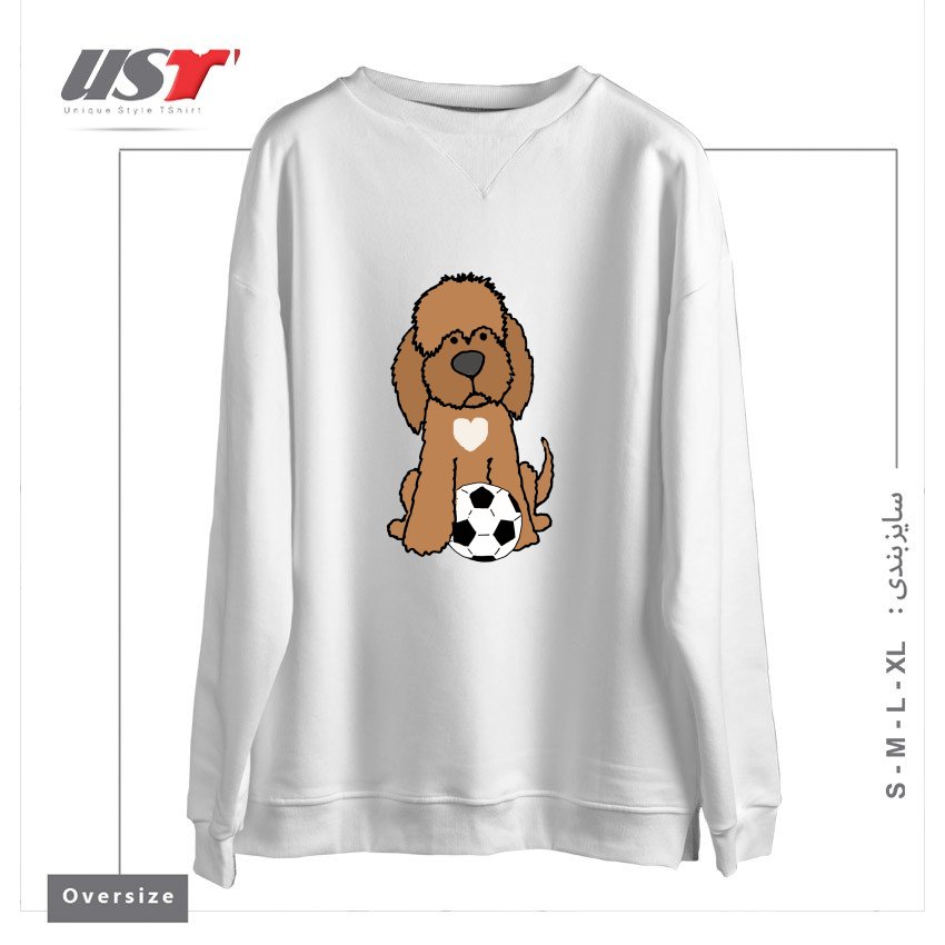 طرح FUNNY CHOCOLATE LABRADOODLE DOG PLAYING SOCCER سوییشرت اورسایزرنگ سفید