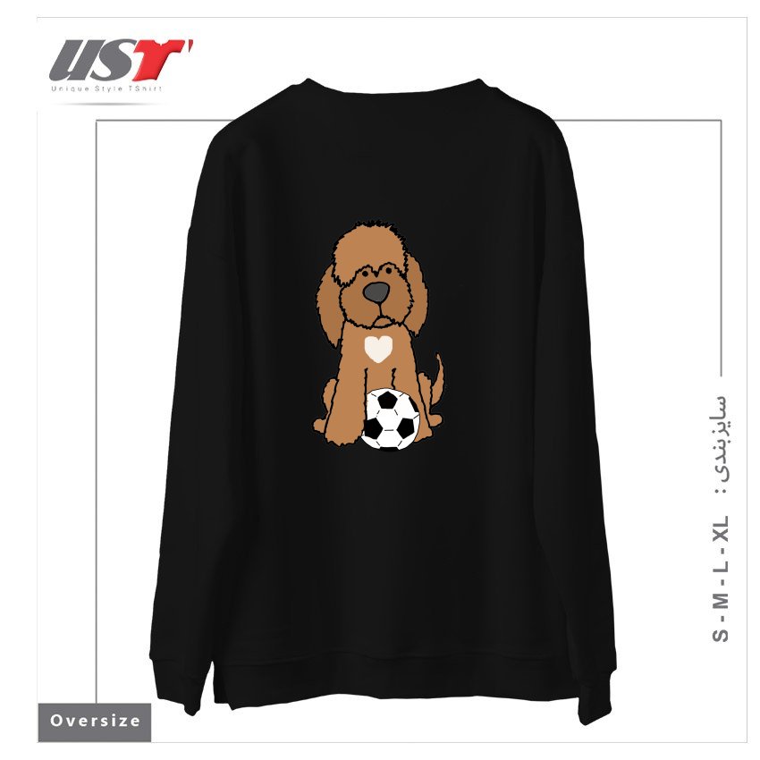 طرح FUNNY CHOCOLATE LABRADOODLE DOG PLAYING SOCCER سوییشرت اورسایزرنگ مشکی