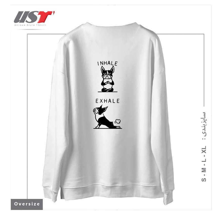 طرح INHALE EXHALE BOSTON TERRIER سوییشرت اورسایزرنگ سفید