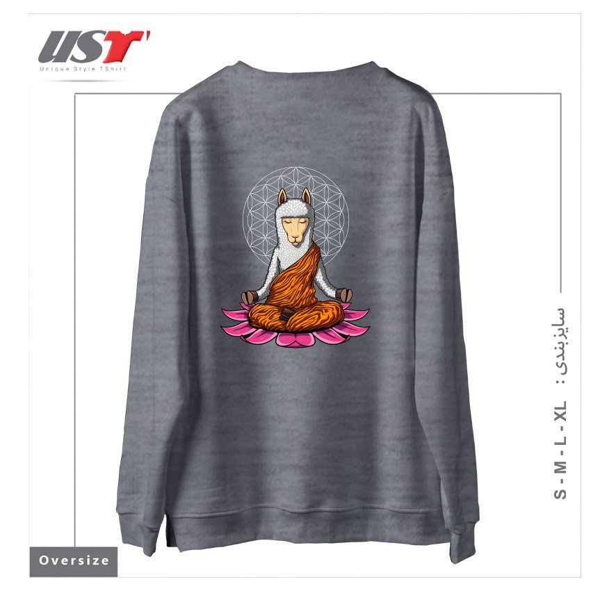 طرح LLAMA BUDDHA سوییشرت اورسایزرنگ طوسی ملانژ