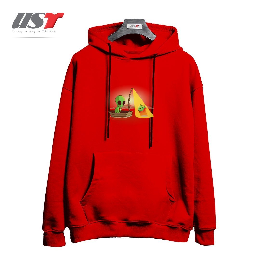 طرح ALIEN FISHING هودی اورسایزرنگ قرمز