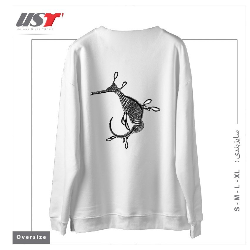 طرح WEEDY SEADRAGON SEAHORSE FISH INK ILLUSTRATION سوییشرت اورسایزرنگ سفید