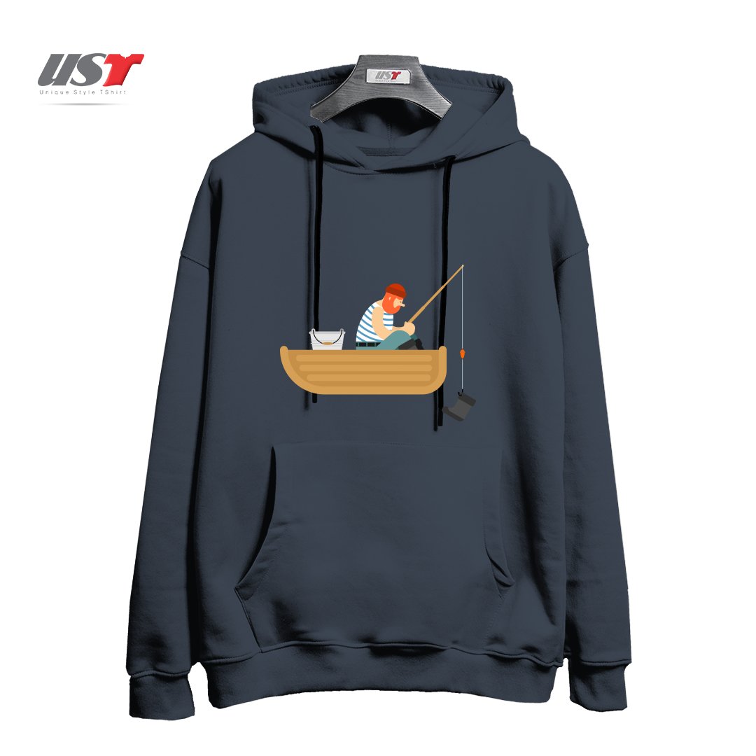 طرح FISHERMAN ON BOAT FISHING BOOT. FISHING ROD AND SHOE هودی اورسایزرنگ دودی