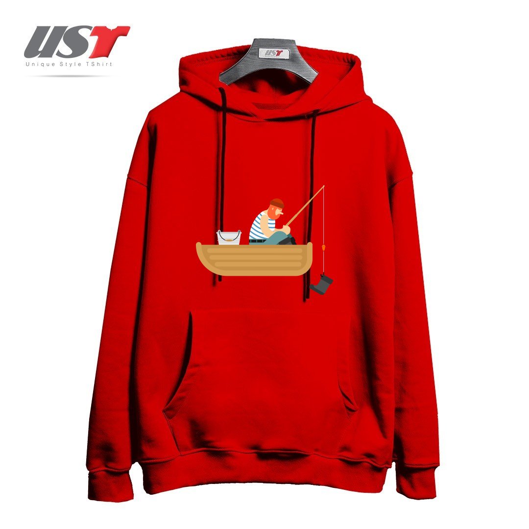 طرح FISHERMAN ON BOAT FISHING BOOT. FISHING ROD AND SHOE هودی اورسایزرنگ قرمز
