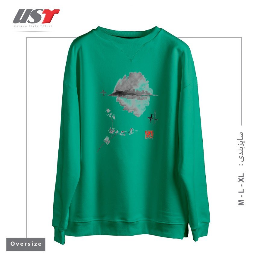 طرح ISLAND, FISHERMAN, SUMIE, JAPAN,2 سوییشرت اورسایزرنگ سبز سدری