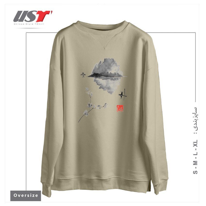 طرح ISLAND, FISHERMAN, SUMIE, JAPAN,2 سوییشرت اورسایزرنگ نخودی