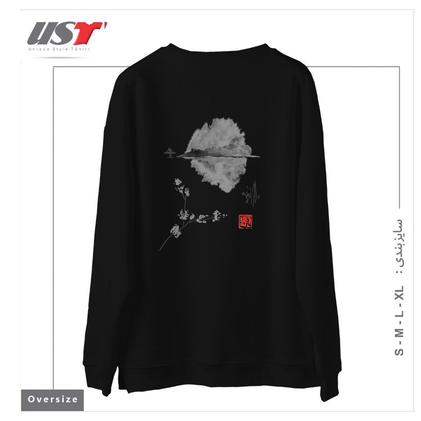 طرح ISLAND, FISHERMAN, SUMIE, JAPAN,2 سوییشرت اورسایزرنگ مشکی