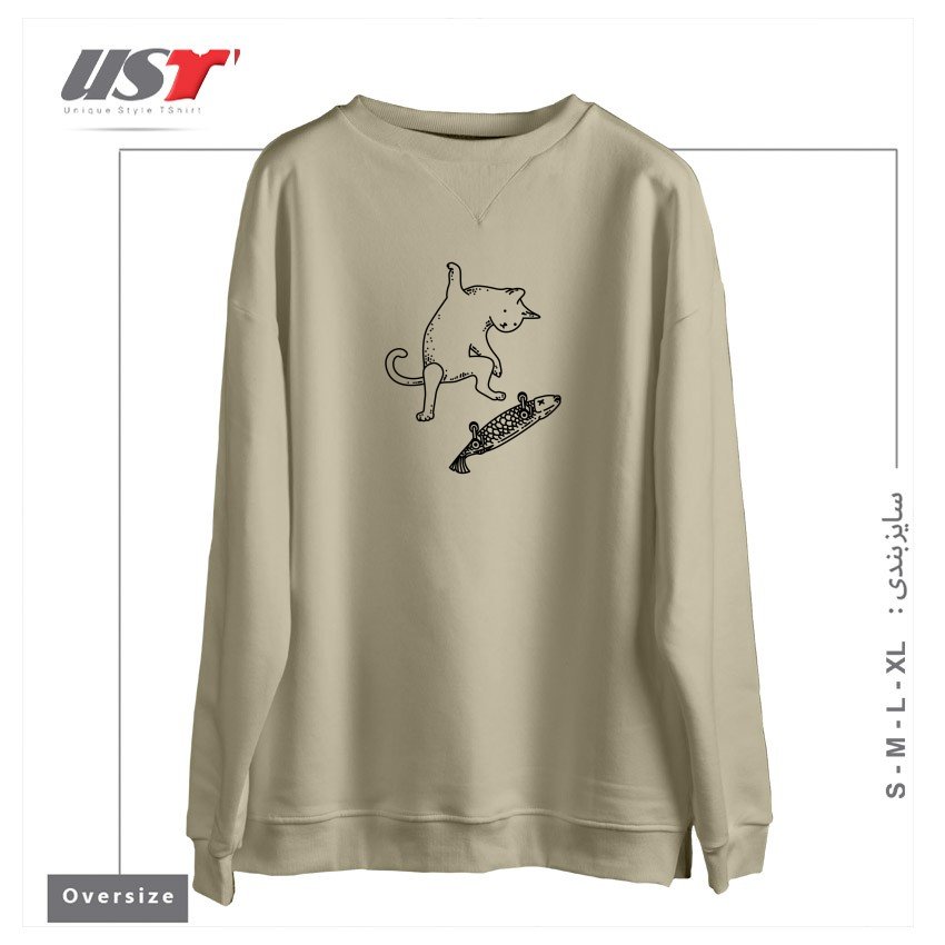 طرح STREET CAT سوییشرت اورسایزرنگ نخودی