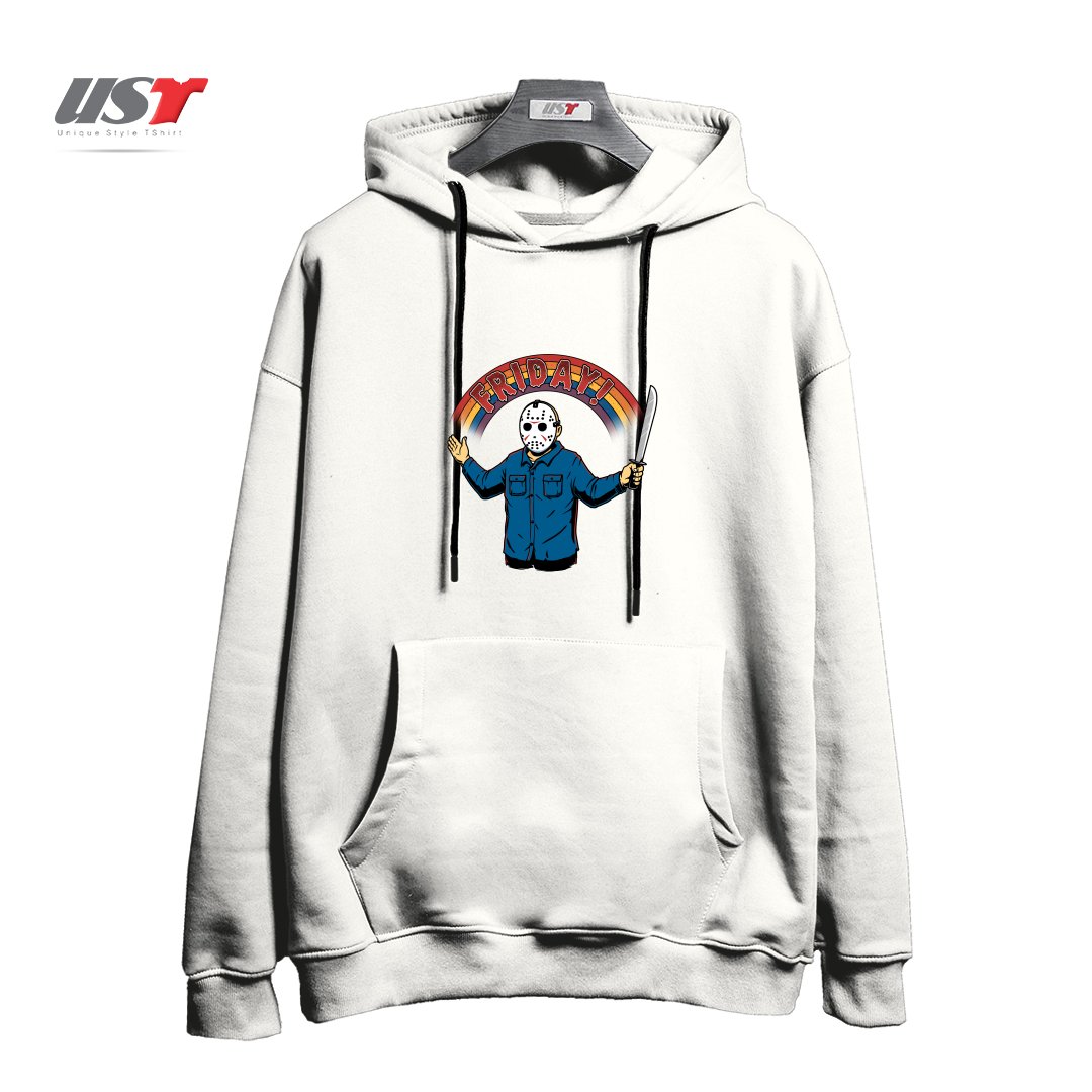 طرح AS LONG AS WE HAVE FRIDAYS! هودی اورسایزرنگ سفید