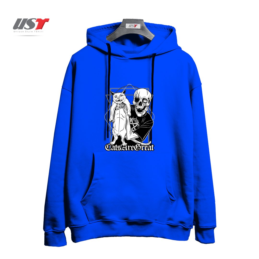 طرح CATS ARE GREAT هودی اورسایزرنگ آبی شالی