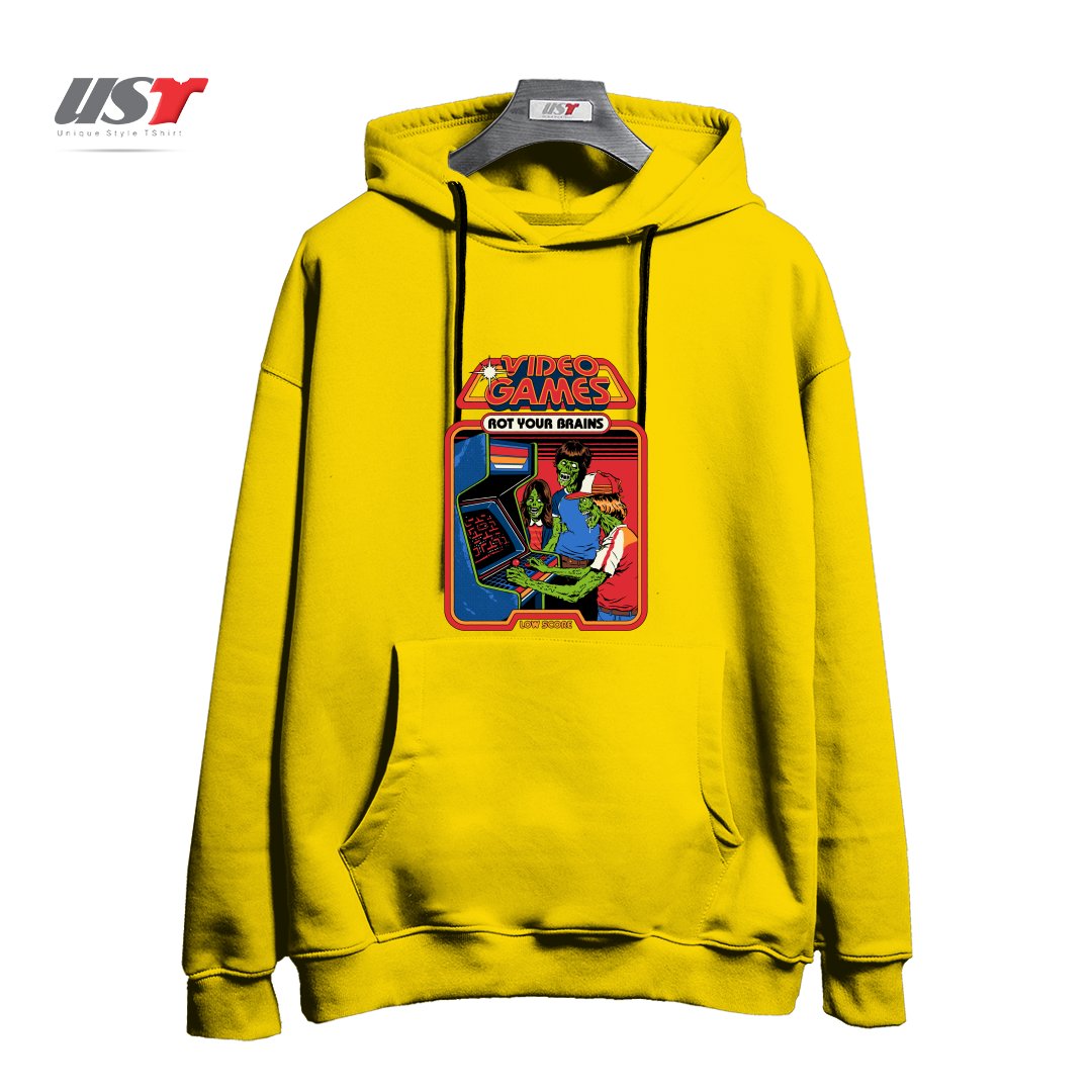 طرح VIDEO GAMES ROT YOUR BRAINS هودی اورسایزرنگ زرد