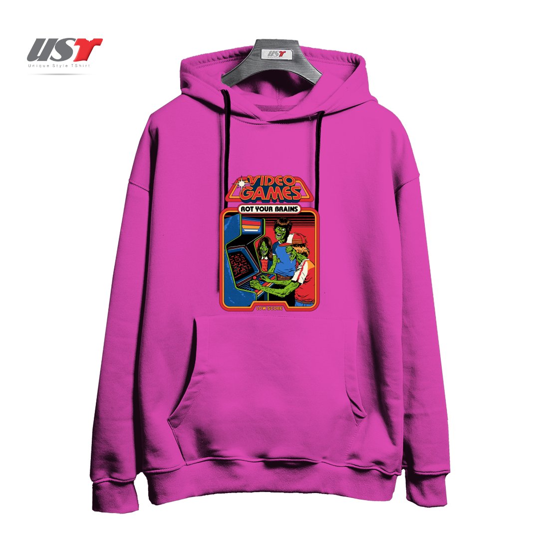طرح VIDEO GAMES ROT YOUR BRAINS هودی اورسایزرنگ صورتی