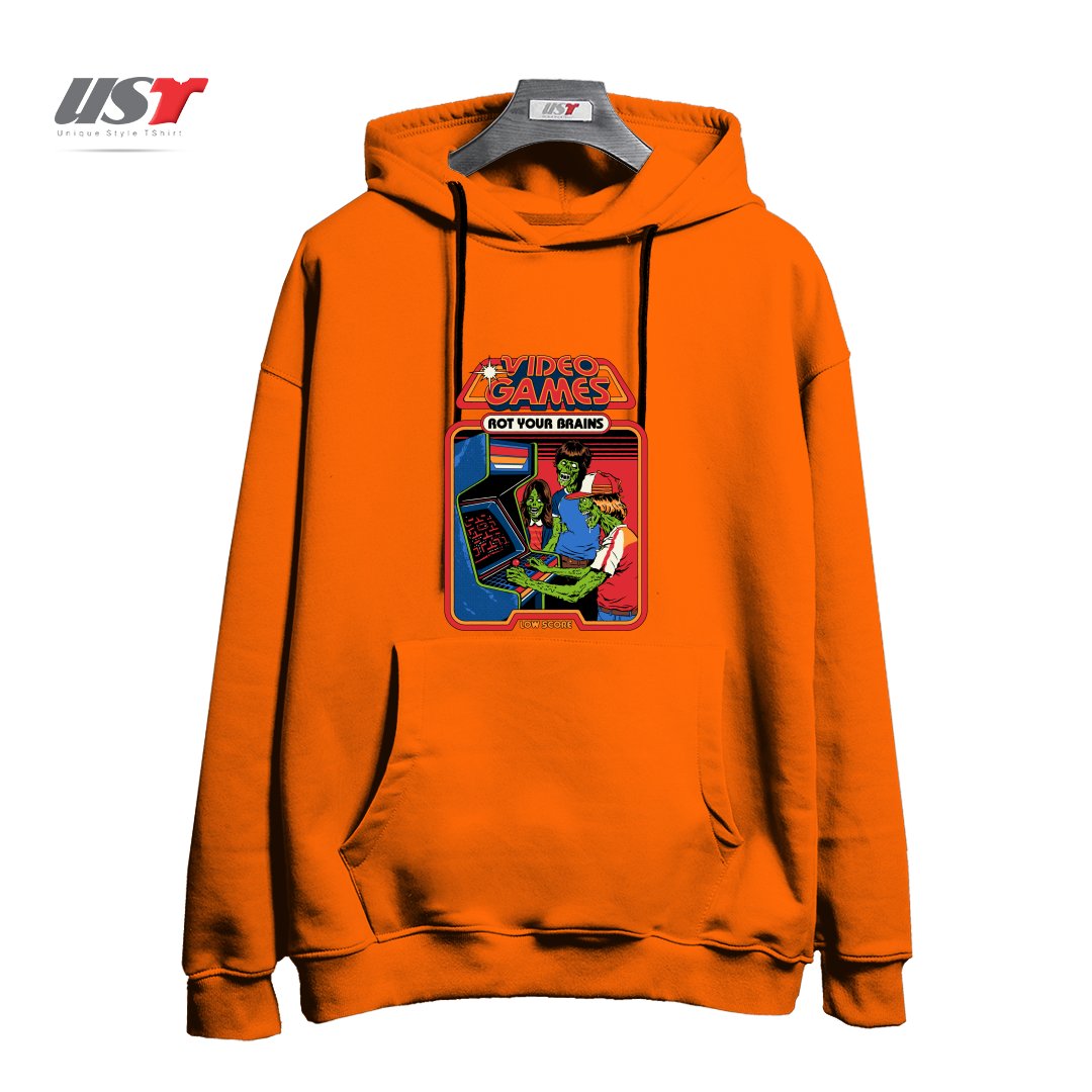 طرح VIDEO GAMES ROT YOUR BRAINS هودی اورسایزرنگ نارنجی