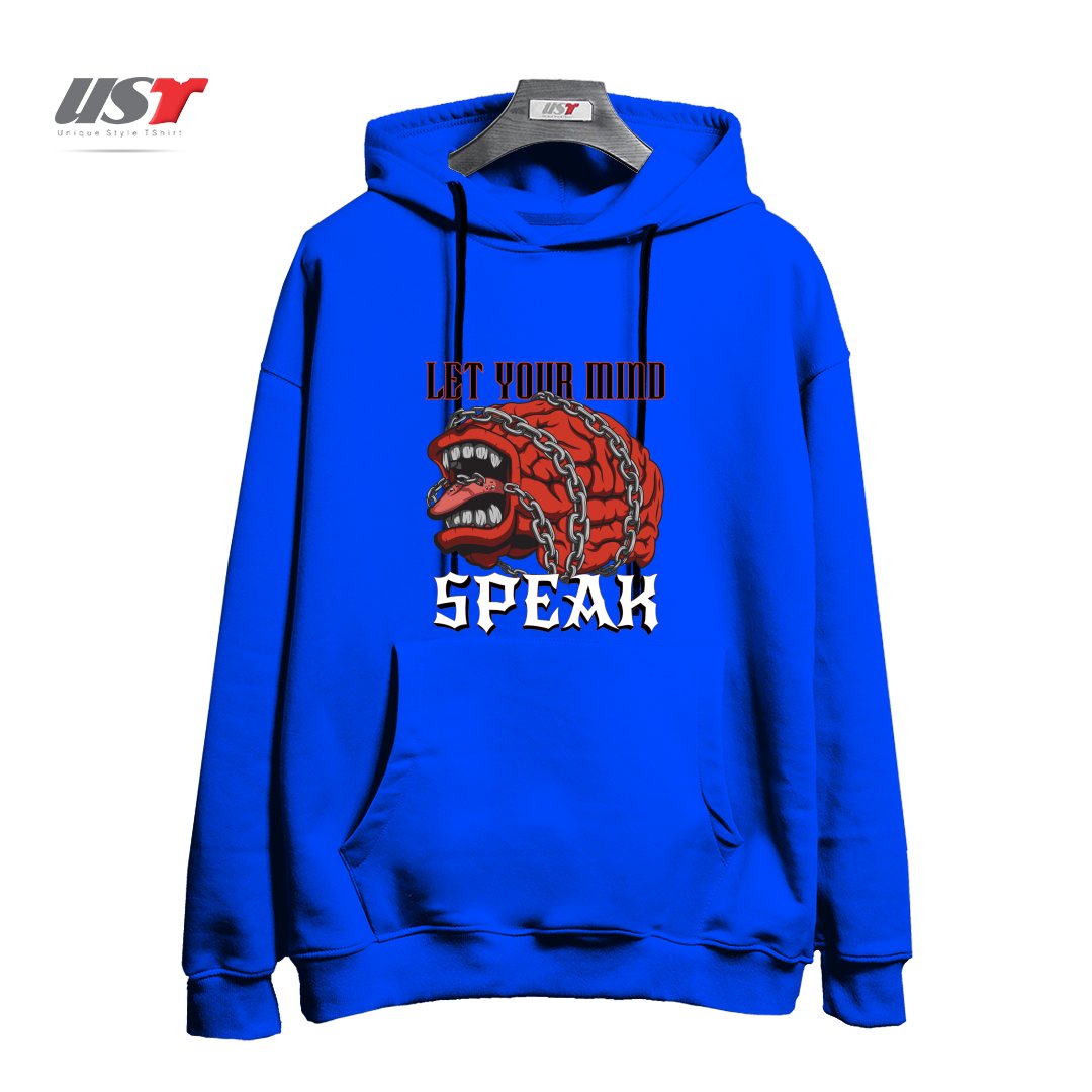 طرح LET YOUR MIND SPEAK هودی اورسایزرنگ آبی شالی