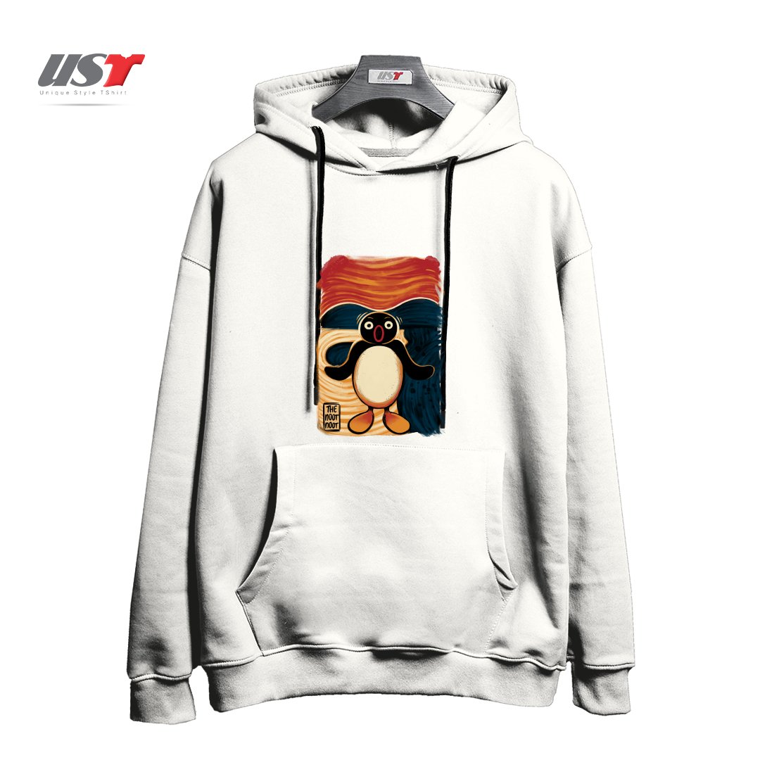 طرح NOOT NOOT SCREAM هودی اورسایزرنگ سفید