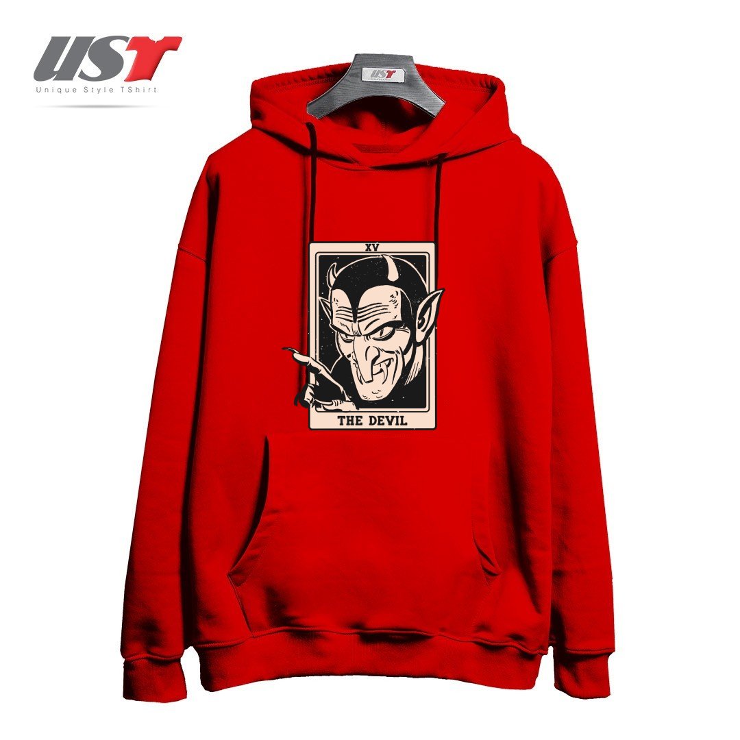 طرح THE DEVIL TAROT هودی اورسایزرنگ قرمز