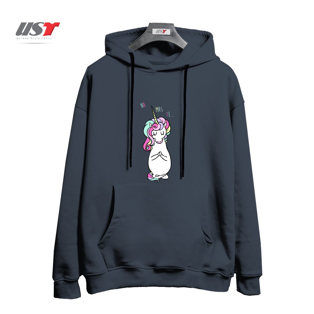 طرح NAMASTE UNICORN هودی اورسایزرنگ دودی