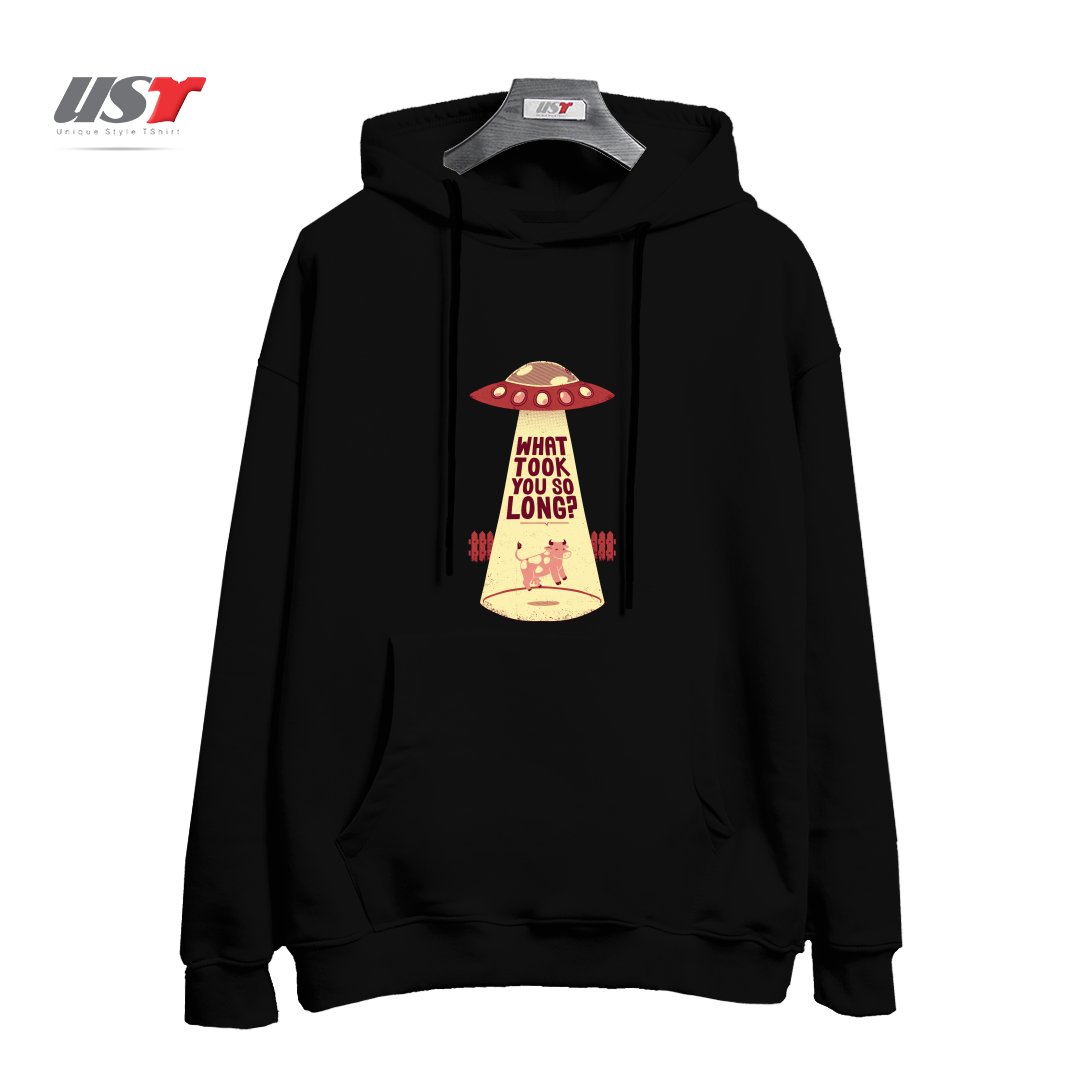 طرح WHY DID YOU TOOK SO LONG ALIEN FUNNY T-SHIRT هودی اورسایزرنگ مشکی