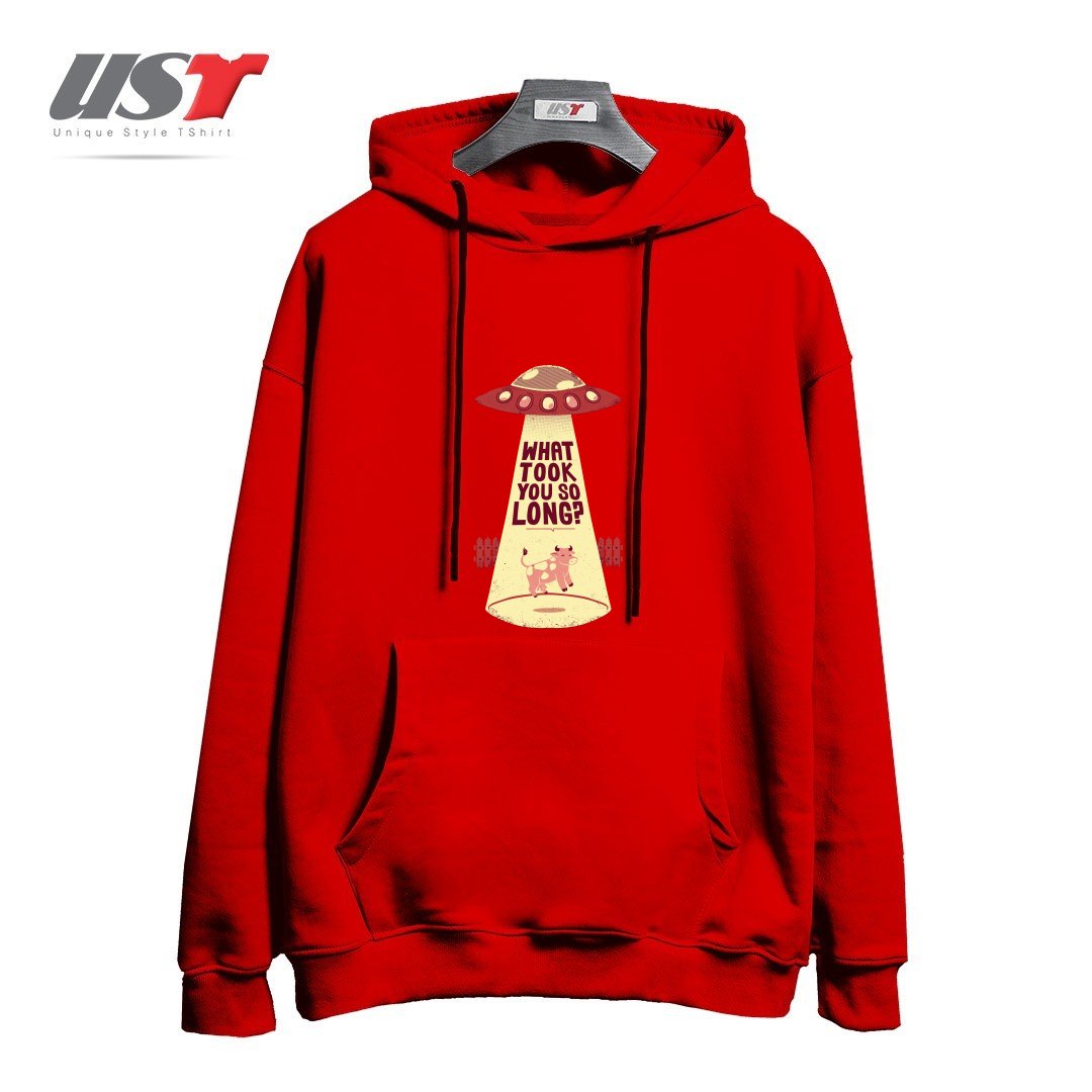 طرح WHY DID YOU TOOK SO LONG ALIEN FUNNY T-SHIRT هودی اورسایزرنگ قرمز