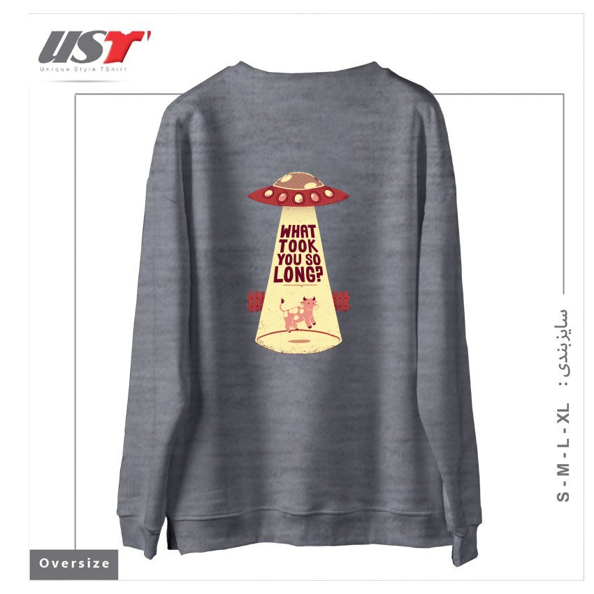 طرح WHY DID YOU TOOK SO LONG ALIEN FUNNY T-SHIRT سوییشرت اورسایزرنگ طوسی ملانژ